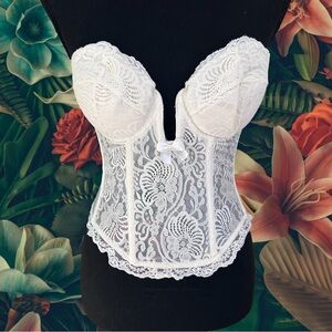 Vintage Jezebel Beautiful White Lace Strapless Bustier Plunge Front Size 34b